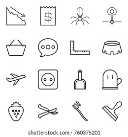 Thin line icon set : crisis, receipt, virus, laser, basket, balloon, ruler, stadium, plane, power socket, scoop, cook glove, strawberry, pruner, tooth brush, scraper
