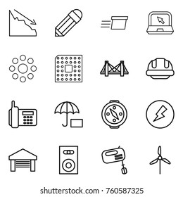 Thin line icon set : crisis, pencil, delivery, notebook, round around, cpu, bridge, building helmet, phone, insurance, compass, electricity, garage, speaker, mixer, windmill