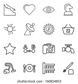 Thin line icon set : crisis, heart, eye, chess horse, chip, satellite antenna, sun power, delete cart, star, route a to b, camera, water tap, vacuum cleaner, fork spoon plate, watering, toilet brush
