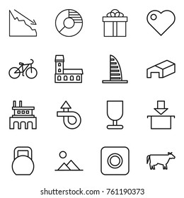 Thin line icon set : crisis, circle diagram, gift, heart, bike, mansion, skyscraper, warehouse, factory, trip, fragile, package, heavy, landscape, ring button, cow