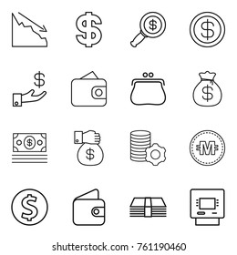 Thin line icon set : crisis, dollar, magnifier, investment, wallet, purse, money bag, gift, virtual mining, crypto currency, coin, atm