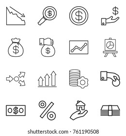 Thin line icon set : crisis, dollar magnifier, investment, money bag, gift, statistics, presentation, core splitting, graph up, virtual mining, hand coin, percent, real estate