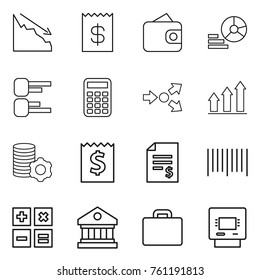 Thin line icon set : crisis, receipt, wallet, diagram, calculator, core splitting, graph up, virtual mining, account balance, bar code, library, suitcase, atm