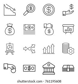 Thin line icon set : crisis, dollar magnifier, investment, money bag, gift, presentation, core splitting, graph up, virtual mining, hand coin, library