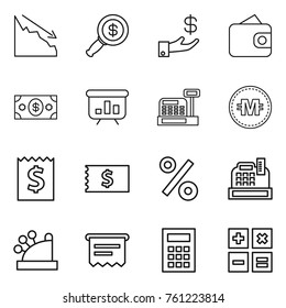 Thin line icon set : crisis, dollar magnifier, investment, wallet, money, presentation, cashbox, crypto currency, receipt, percent, atm, calculator