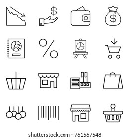 Thin line icon set : crisis, investment, wallet, money bag, annual report, percent, presentation, add to cart, basket, shop, store, shopping, sale, bar code