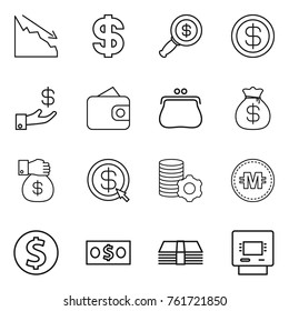 Thin line icon set : crisis, dollar, magnifier, investment, wallet, purse, money bag, gift, arrow, virtual mining, crypto currency, coin, atm