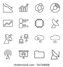 Thin line icon set : crisis, diagram, circle, statistics, chip, satellite antenna, notebook connect, cloude service, cloud wireless, presentation, documents