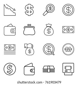 Thin line icon set : crisis, dollar, magnifier, wallet, purse, money bag, gift, arrow, crypto currency, coin, atm