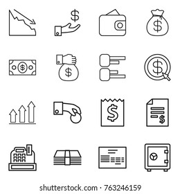 Thin line icon set : crisis, investment, wallet, money bag, gift, diagram, dollar arrow, graph up, hand coin, receipt, account balance, cashbox, invoice, safe
