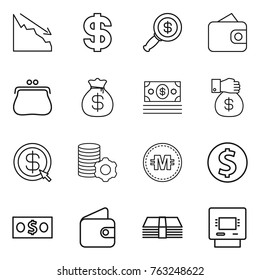 Thin line icon set : crisis, dollar, magnifier, wallet, purse, money bag, gift, arrow, virtual mining, crypto currency, coin, atm