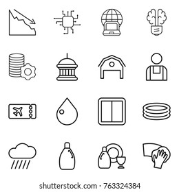 Thin line icon set : crisis, chip, notebook globe, bulb brain, virtual mining, goverment house, barn, workman, ticket, drop, power switch, inflatable pool, rain cloud, cleanser, dish, wiping