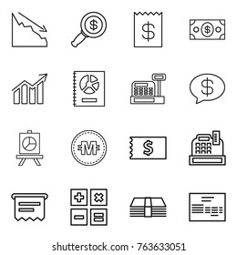 Thin line icon set : crisis, dollar magnifier, receipt, money, diagram, annual report, cashbox, message, presentation, crypto currency, atm, calculator, invoice