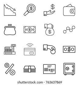 Thin line icon set : crisis, dollar magnifier, investment, wallet, purse, money, gift, graph, cashbox, tap to pay, hand coin, percent, invoice, safe