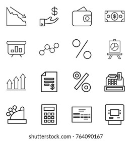 Thin line icon set : crisis, investment, wallet, money, presentation, graph, percent, up, account balance, cashbox, calculator, invoice, atm