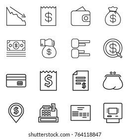 Thin line icon set : crisis, receipt, wallet, money bag, gift, diagram, dollar arrow, credit card, account balance, purse, pin, cashbox, invoice, atm