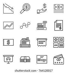 Thin line icon set : crisis, dollar magnifier, investment, money, statistics, graph, cashbox, account balance, receipt, atm, calculator, presentation, invoice, credit card