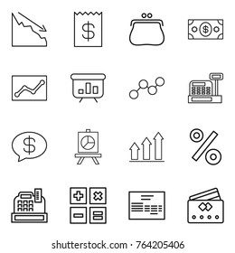 Thin line icon set : crisis, receipt, purse, money, statistics, presentation, graph, cashbox, message, up, percent, calculator, invoice, credit card