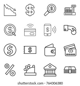 Thin line icon set : crisis, dollar, magnifier, cashbox, arrow, tap to pay, phone, hand coin, receipt, wallet, credit card, percent, library, money