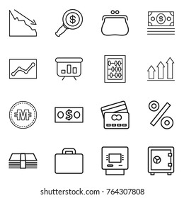 Thin line icon set : crisis, dollar magnifier, purse, money, statistics, presentation, abacus, graph up, crypto currency, credit card, percent, suitcase, atm, safe