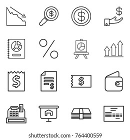 Thin line icon set : crisis, dollar magnifier, investment, annual report, percent, presentation, graph up, receipt, account balance, wallet, cashbox, money, invoice