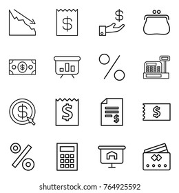 Thin line icon set : crisis, receipt, investment, purse, money, presentation, percent, cashbox, dollar arrow, account balance, calculator, credit card