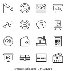 Thin line icon set : crisis, dollar, money, presentation, graph, arrow, message, crypto currency, wallet, cashbox, calculator, invoice, credit card