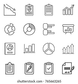 Thin line icon set : crisis, report, clipboard, diagram, circle, presentation, annual, graph, up, pen, check, inventory