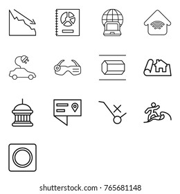 Thin line icon set : crisis, annual report, notebook globe, wireless home, electric car, smart glasses, nano tube, project, goverment house, location details, do not trolley sign, surfer