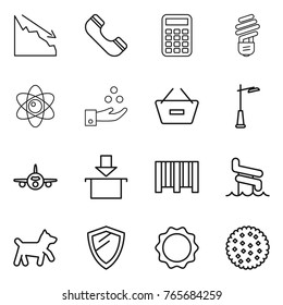 Thin line icon set : crisis, phone, calculator, bulb, atom, chemical industry, remove from basket, outdoor light, plane, package, bar code, aquapark, dog, shield, induction oven, cookies