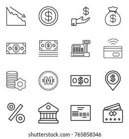 Thin line icon set : crisis, dollar, investment, money bag, cashbox, tap to pay, virtual mining, crypto currency, pin, percent, library, invoice, credit card