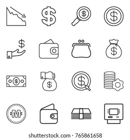 Thin line icon set : crisis, dollar, magnifier, investment, wallet, purse, money bag, gift, arrow, virtual mining, crypto currency, atm