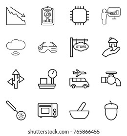 Thin line icon set : crisis, report, chip, presentation, cloud wireless, smart glasses, store signboard, real estate, route, warehouse scales, transfer, water tap, skimmer, grill oven, mortar, acorn