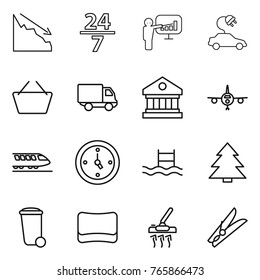 Thin line icon set : crisis, 24 7, presentation, electric car, basket, delivery, library, plane, train, watch, pool, spruce, trash bin, sponge, vacuum cleaner, clothespin