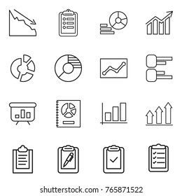 Thin line icon set : crisis, clipboard, diagram, circle, statistics, presentation, annual report, graph, up, pen, check, list