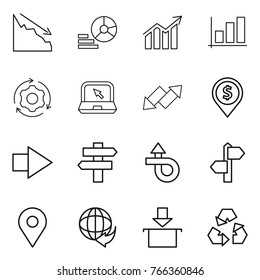 Thin line icon set : crisis, diagram, graph, around gear, notebook, up down arrow, dollar pin, right, singlepost, trip, signpost, geo, delivery, package, recycling