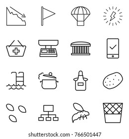 Thin line icon set : crisis, flag, parachute, lightning, add to basket, market scales, airport building, mobile checking, pool, steam pan, apron, potato, seeds, hierarchy, wasp, trash bin