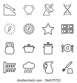 Thin line icon set : crisis, hex molecule, satellite antenna, dna, lightning, sun power, star, panel house, heavy, pan, fork spoon plate, watering, rain cloud, jug, toilet brush