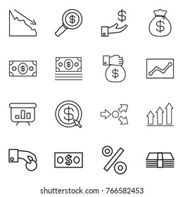 Thin line icon set : crisis, dollar magnifier, investment, money bag, gift, statistics, presentation, arrow, core splitting, graph up, hand coin, percent