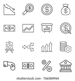 Thin line icon set : crisis, dollar magnifier, money bag, statistics, presentation, arrow, core splitting, graph up, virtual mining, hand coin, percent, library