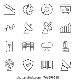 Thin line icon set : crisis, circle diagram, presentation, graph, satellite antenna, up, phone wireless, server, cloud, crystall memory, protected, bar code