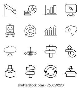 Thin line icon set : crisis, diagram, graph, monitor arrow, presentation, around gear, up, cloude service, cloud wireless, target, singlepost, trip, package, signpost, reload