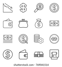Thin line icon set : crisis, dollar, magnifier, wallet, purse, money bag, arrow, virtual mining, crypto currency, coin, atm