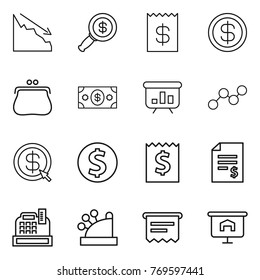 Thin line icon set : crisis, dollar magnifier, receipt, purse, money, presentation, graph, arrow, coin, account balance, cashbox, atm