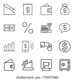 Thin line icon set : crisis, receipt, wallet, money bag, percent, cashbox, message, graph up, phone pay, hand coin, dollar, atm, safe