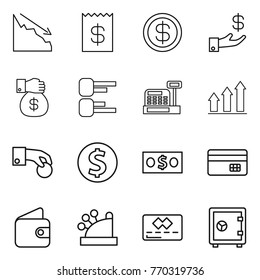 Thin line icon set : crisis, receipt, dollar, investment, money gift, diagram, cashbox, graph up, hand coin, credit card, wallet, safe
