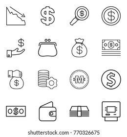 Thin line icon set : crisis, dollar, magnifier, investment, purse, money bag, gift, virtual mining, crypto currency, coin, wallet, atm