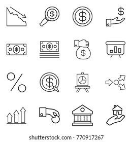 Thin line icon set : crisis, dollar magnifier, investment, money, gift, presentation, percent, arrow, core splitting, graph up, hand coin, library, real estate