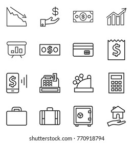 Thin line icon set : crisis, investment, money, diagram, presentation, credit card, receipt, mobile pay, cashbox, calculator, suitcase, safe, housing
