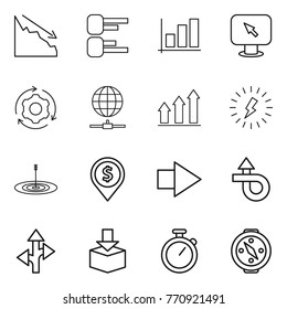 Thin line icon set : crisis, diagram, graph, monitor arrow, around gear, globe connect, up, lightning, target, dollar pin, right, trip, route, package, stopwatch, compass